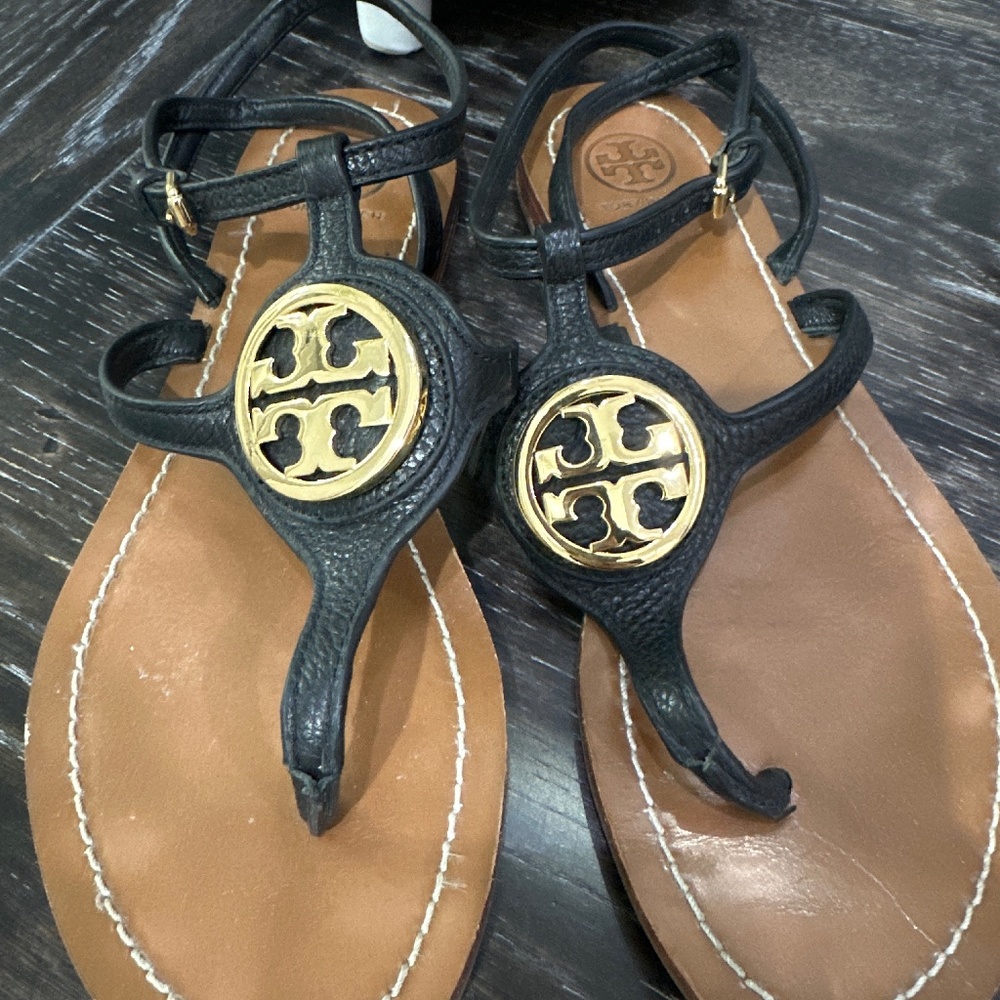 Tory Burch black and gold leather sandals